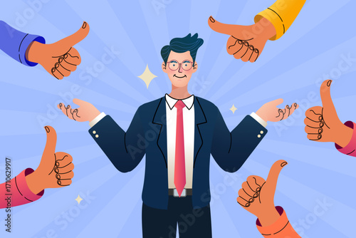 Positive feedback and customer satisfaction concept. A confident businessman receives many thumbs-up signs of approval from a diverse audience. Vector for testimonials, reviews, and a good reputation.
