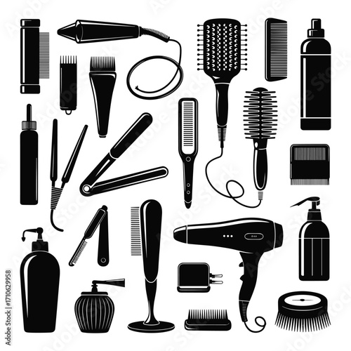 Hair Styling Tools Vector Illustration Collection Featuring Dryers, Brushes, and Styling Irons