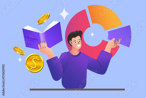 Financial literacy and investment education concept. A young man balances a book, a pie chart, and gold coins, symbolizing knowledge, data analysis, and profit. Vector for a finance blog or course.