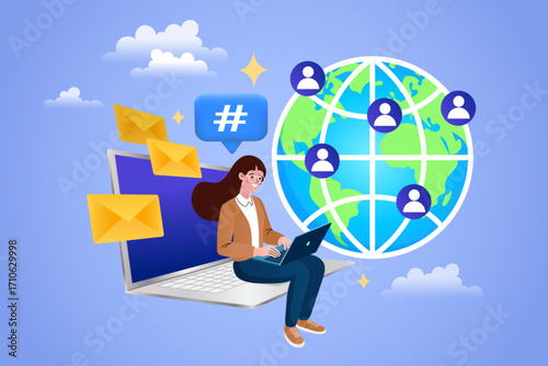 Global communication and remote work concept. A woman on a giant laptop manages a worldwide network, sending emails and social media messages. Vector for international business and technology.