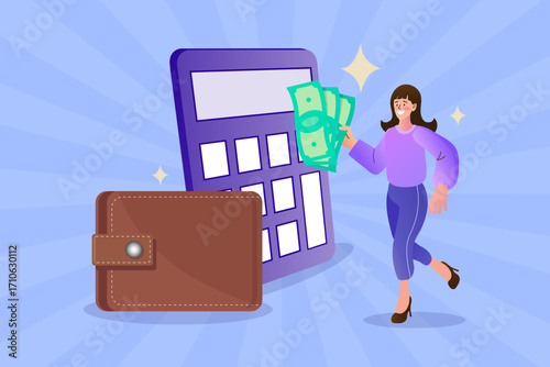 Personal finance and budgeting concept. A happy woman holds cash, standing next to a giant calculator and a wallet. Vector illustration for savings, accounting, and managing a family budget.