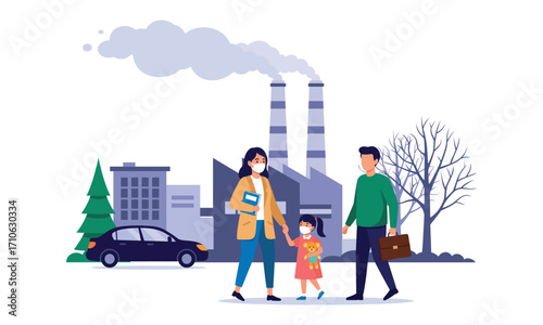 Family walking near polluting factory wearing masks conceptual illustration