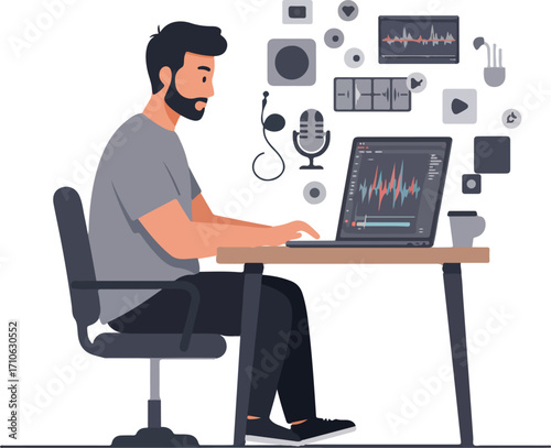 An illustration of a bearded man working on a laptop at a desk, surrounded by various digital media production icons like microphones, sound waves, and video clips, indicating audio or video editing.
