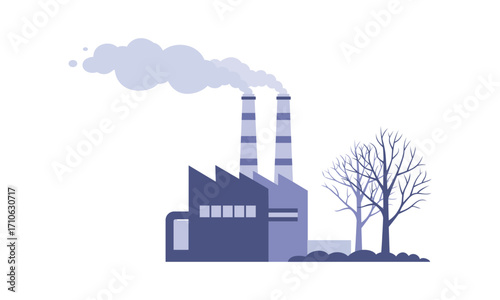 Industrial Factory Plant with Smoking Chimneys and Bare Trees Vector Illustration
