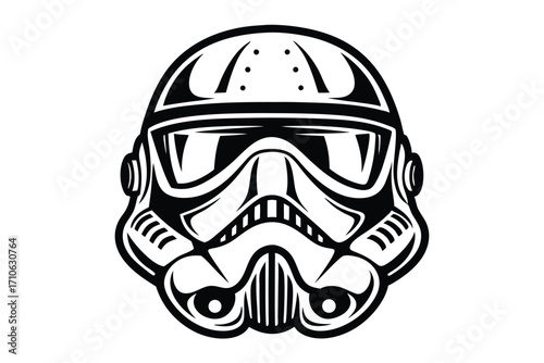 Black and white helmet shows the iconic figure headwear on clear backdrop
