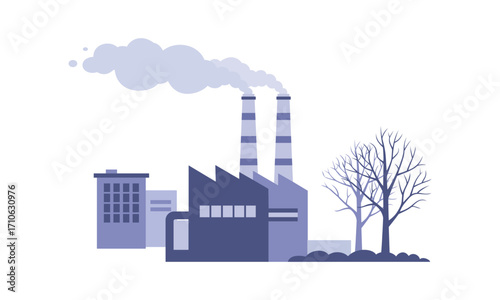 Industrial factory with smoke stacks emitting fumes into the atmosphere vector