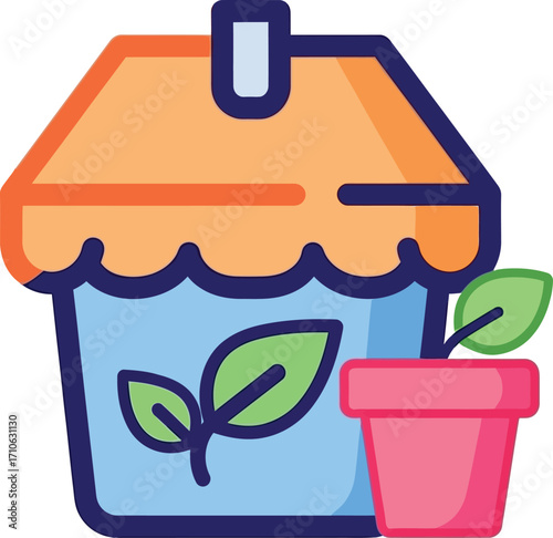Stylized illustration of a house with a plant in a pot, isolated on white background
