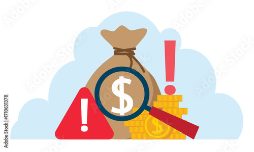 Financial fraud detection concept. A magnifying glass over a dollar bag, a warning sign, and a warning triangle represent online fraud, financial security, and risk assessment