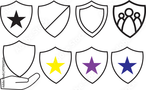 shield icon set. shield with tick mark and plus mark. Medical Protection symbol.Shield badge quality symbol isolated on transparent background. Design elements for safety and protection