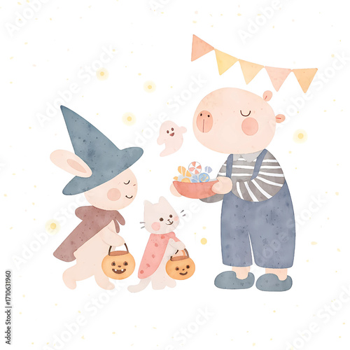 Cute Halloween Trick or Treat Animals Watercolor Clipart – Bunny, Cat, Pig with Candy, Pastel Illustration
