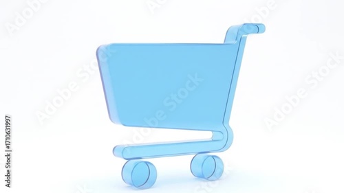 This is a 3D model of a shopping cart icon, rendered in a light, translucent blue glass material.