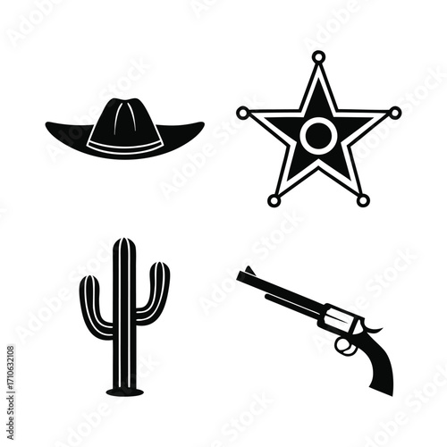 Black silhouette cowboy hat sheriff star cactus and revolver on white background badge