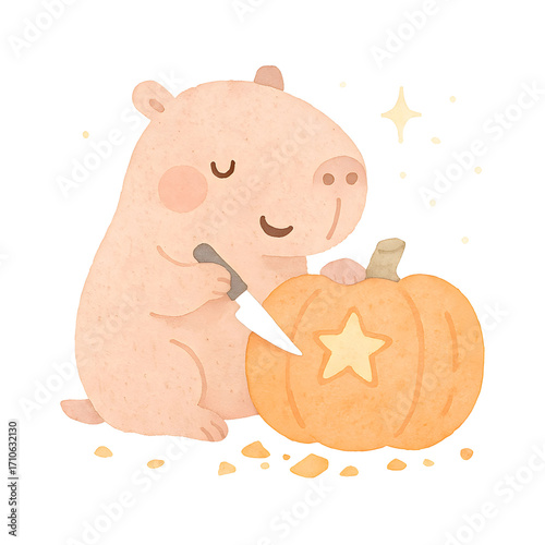 Watercolor Cute Hippo Carving Pumpkin for Halloween | Hand-Drawn Illustration