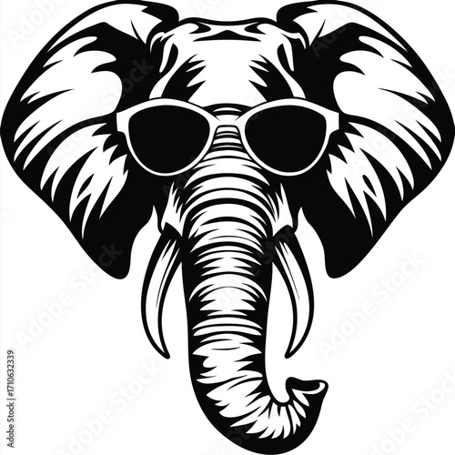Black and white portrays an elephant head wearing sunglasses for a cool appearance