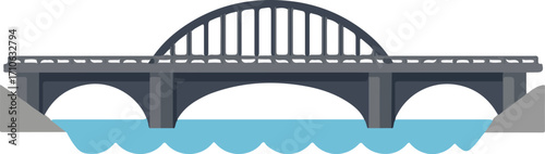 A flat design illustration of a grey arched bridge spanning over a blue river with wavy water, connecting two land masses.