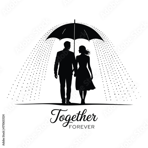 Silhouetted couple holding hands under umbrella in rain with together forever text