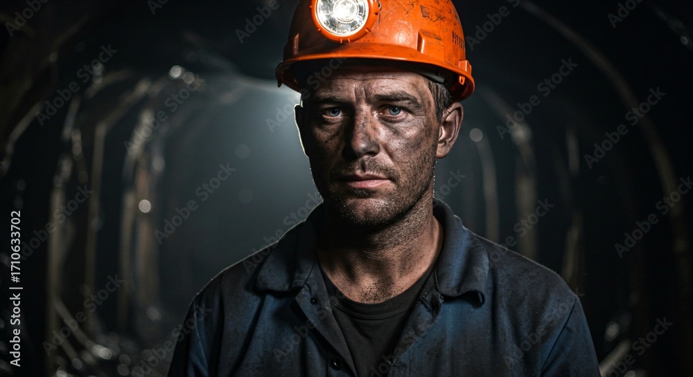 Fototapeta premium Caucasian man miner wearing hard hat with headlamp. Coal worker portrait in an underground tunnel representing mining industry.