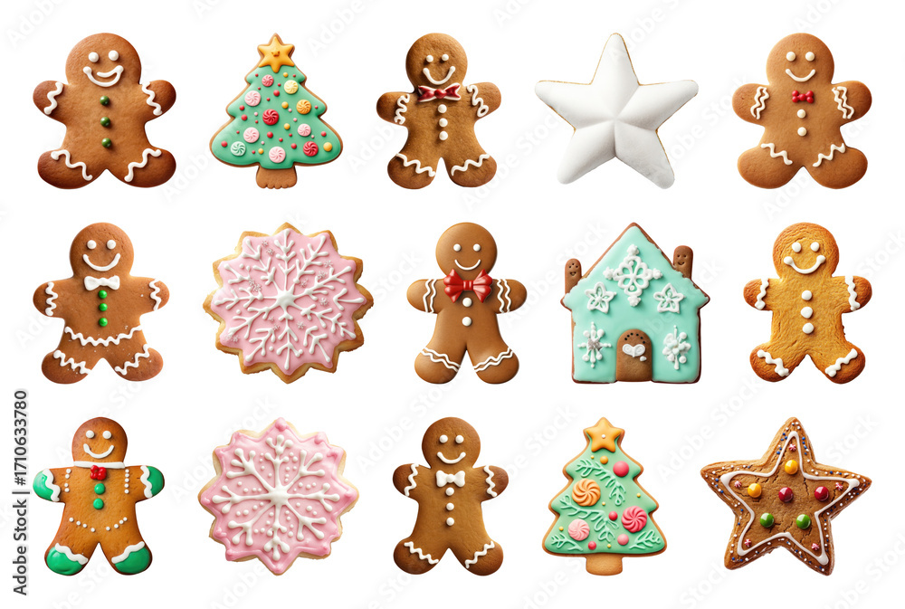 Fototapeta premium PNG Colorful festive gingerbread cookie assortment, element set on transparent background