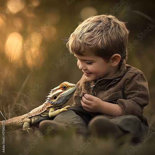 Child showing affection to exotic pet lizard high resolution picture