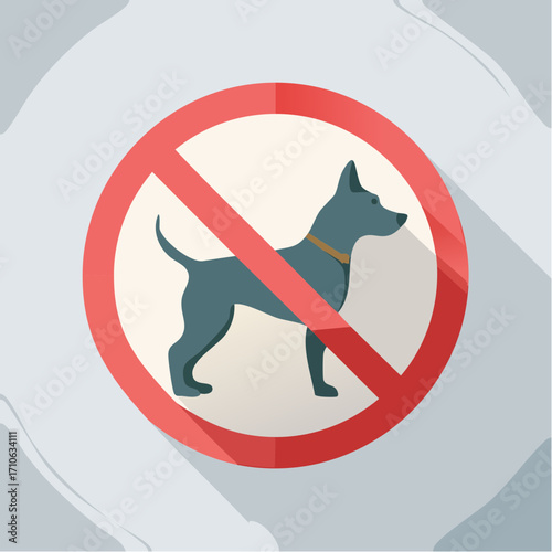 A contemporary flat design vector icon of a no dogs allowed sign, featuring a red prohibition circle over a simple canine silhouette with a long shadow effect
