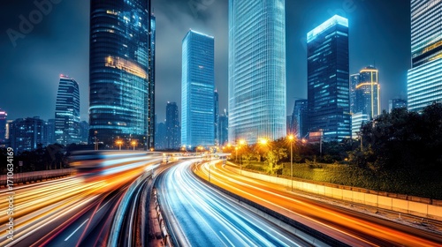 Night Cityscape: Dynamic Highway with Illuminated Skyscrapers
