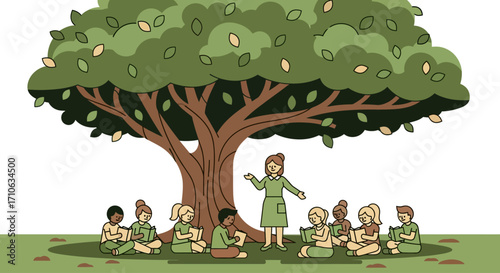 An illustration of a female teacher reading with a diverse group of children sitting on the grass under a large tree.