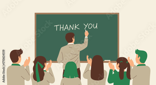 A teacher writing "THANK YOU" on a chalkboard with students clapping in appreciation.
