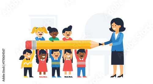 A group of happy, diverse elementary school children and their teacher hold a giant pencil, symbolizing teamwork and education.