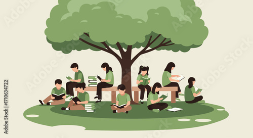Diverse group of students studying under a large tree in a park-like setting.