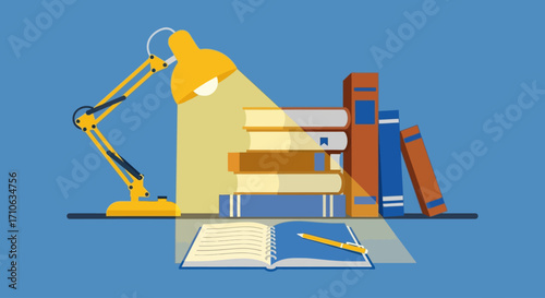 Illuminated desk with open book, pen, and stack of books under a desk lamp.
