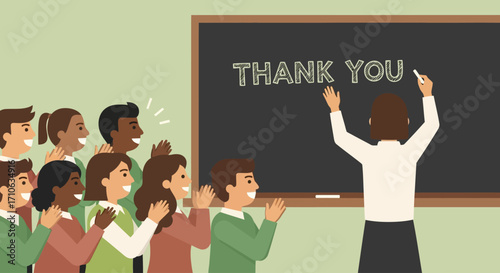 Diverse group of students enthusiastically applauding a teacher writing "Thank You" on a blackboard.