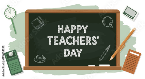 An illustration featuring a classroom chalkboard displaying "Happy Teachers' Day" surrounded by various academic and office supplies.