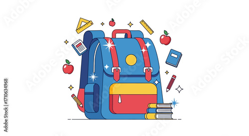 Illustration of a blue school backpack surrounded by school supplies like books, pencils, ruler, protractor, and red apples, all on a white background.