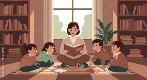 Teacher reading a book to a group of attentive children in a cozy classroom setting.