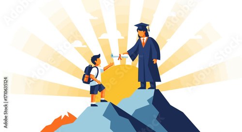 A young student receiving a diploma from a graduate on a mountaintop, symbolizing educational achievement and success.