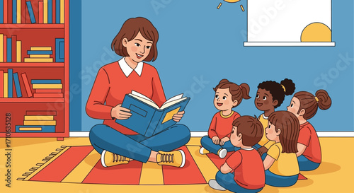 Teacher reading a storybook to attentive preschool children on a colorful rug.