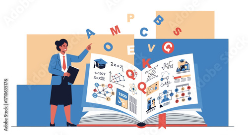 A female teacher points to a giant open book filled with educational icons, diagrams, and floating letters, representing knowledge and learning.
