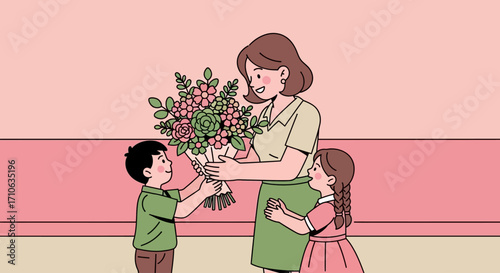 Two young children, a boy and a girl, give a large bouquet of flowers to their smiling mother as a loving gift.