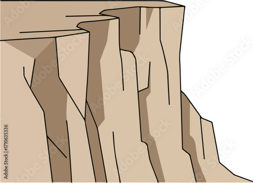 A cartoon illustration of a rugged, towering cliff face with visible rock layers and a flat top against a white background.