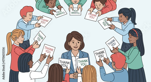 A teacher is surrounded by students holding up cards that say "Thank You" in a circle formation.