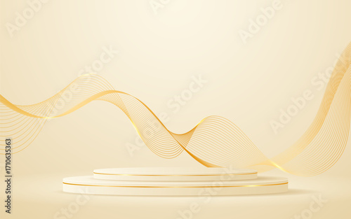 Cream podium with elegant gold wave lines on the back for advertisement display. Display of cosmetic products. Stage or podium. vector illustration	