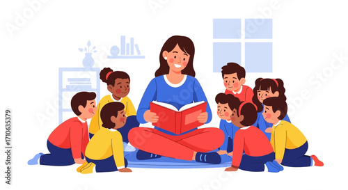 Teacher reading a storybook to a diverse group of attentive preschool children.