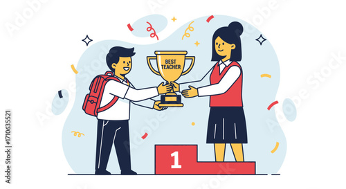 A young student proudly presents a "Best Teacher" trophy to their educator on a winner's podium, surrounded by celebratory confetti.