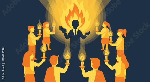 A stylized illustration of a central figure surrounded by people holding candles, bathed in a fiery light.