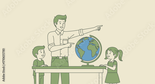 Father teaching geography to his children using a globe.