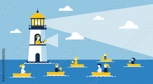 A lighthouse guides small boats with people across a blue ocean under a cloudy sky.