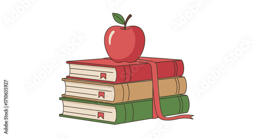 A shiny red apple with a green leaf sits atop a stack of three colorful, ribbon-tied books.
