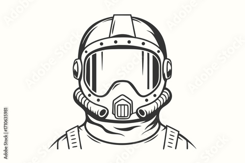 Black outlined spaceman showcases vintage helmet and mask against a white backdrop