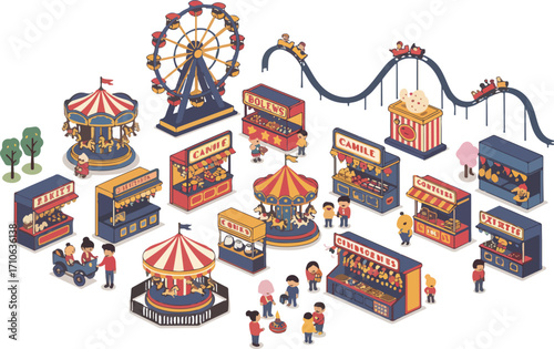 An isometric illustration of a vibrant amusement park with a Ferris wheel, roller coaster, carousels, various food and game stalls, and people enjoying the attractions.