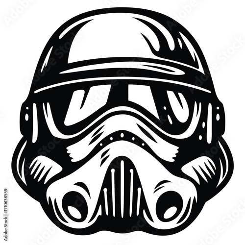 Black shows a futuristic helmet surrounded by stars on white background
